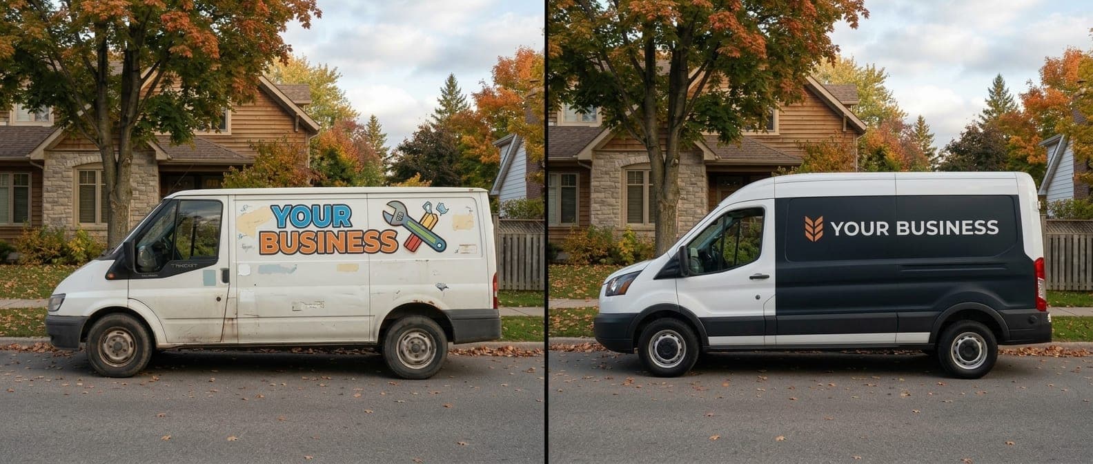 The same work van twice: on the left, cluttered cartoon lettering reading “Your Business”; on the right, a clean dark panel with a simple “Your Business” wordmark