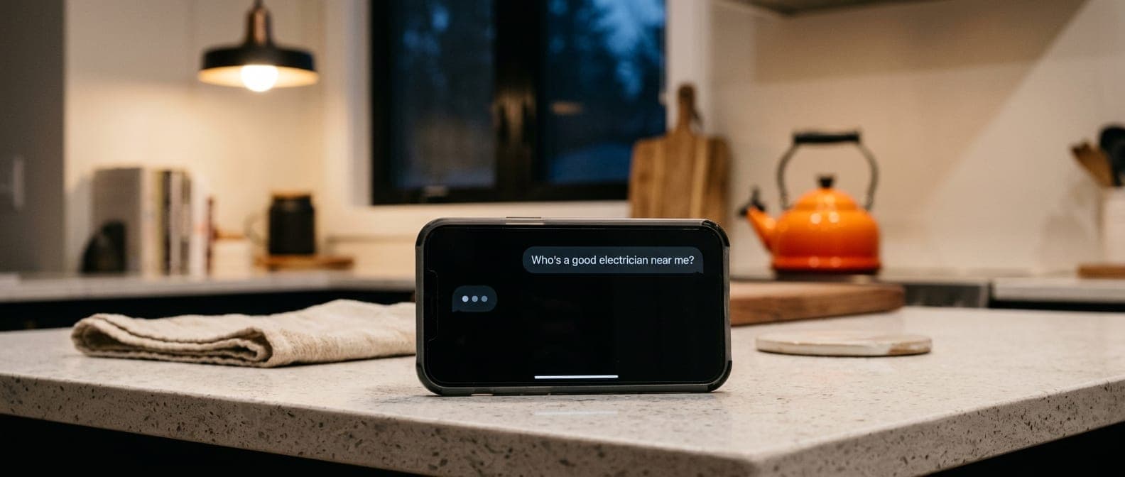 A phone on a kitchen counter where someone has asked an AI assistant “Who's a good electrician near me?”, with the answer still loading