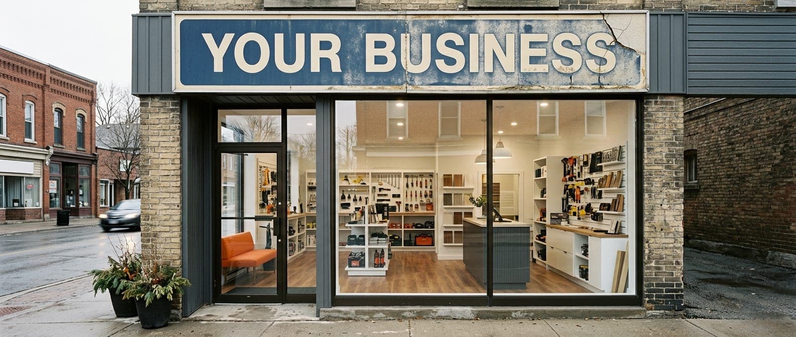A bright, modern shop behind a large window, under an old, faded sign reading “Your Business” in a dated typeface