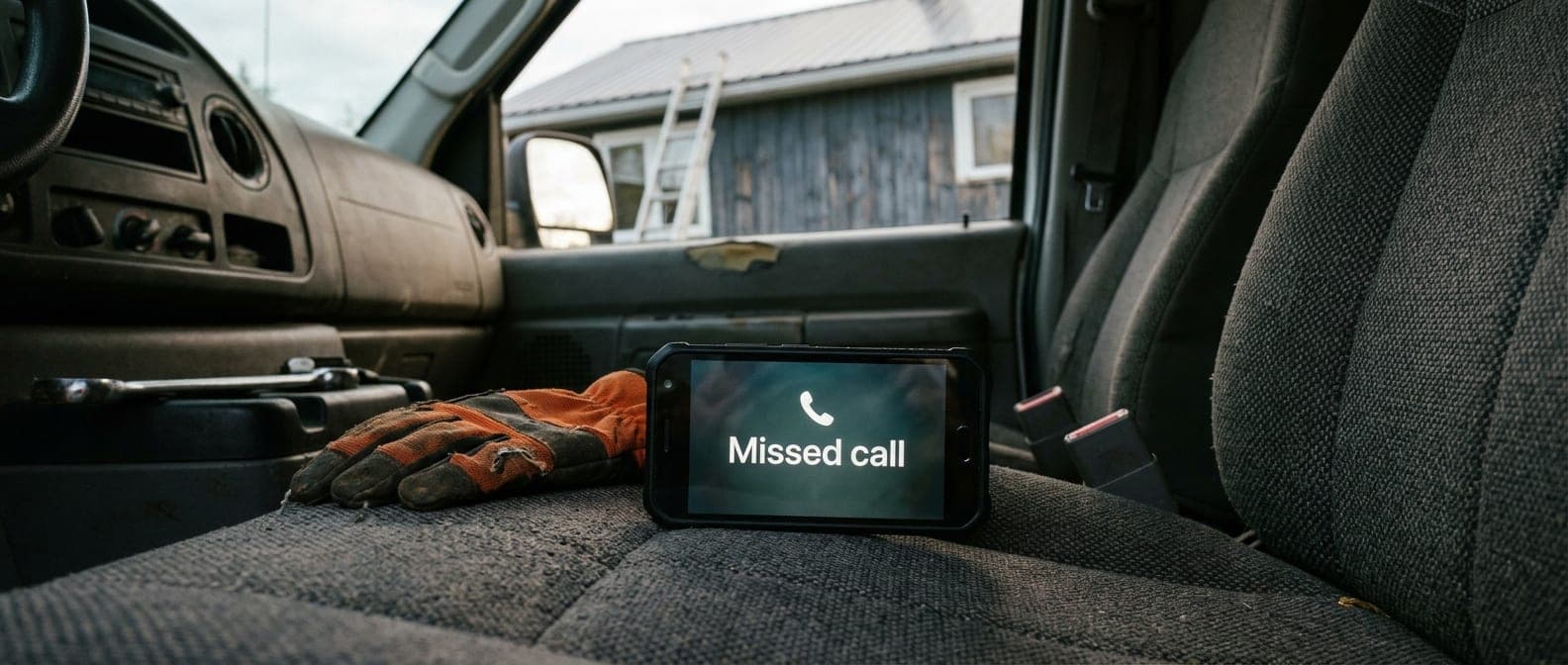 A phone on the seat of a work van showing “Missed call” beside an orange work glove, with a ladder against a house outside